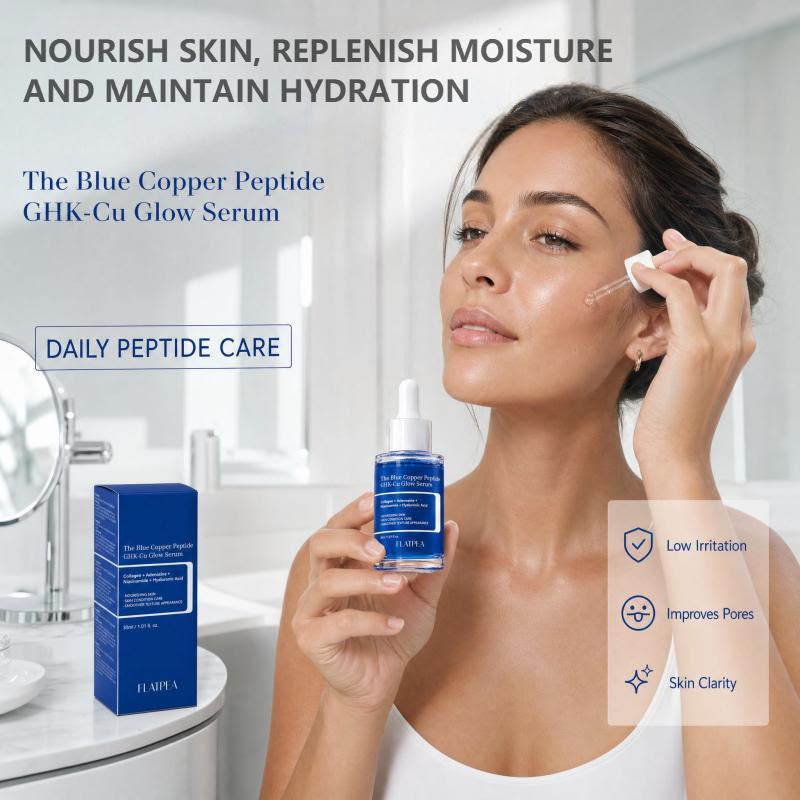 Model applying Flatpea Blue Copper Peptide GHK-Cu Glow Serum