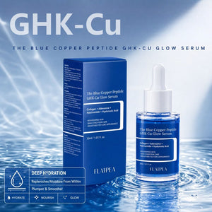 Flatpea Blue Copper Peptide GHK-Cu Glow Serum bottle and box in water