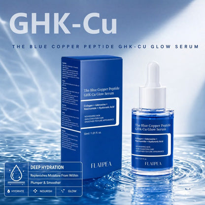 Flatpea Blue Copper Peptide GHK-Cu Glow Serum bottle and box in water