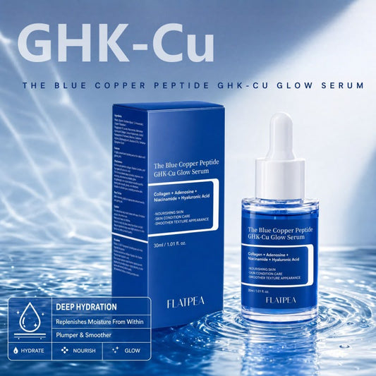 Flatpea Blue Copper Peptide GHK-Cu Glow Serum bottle and box in water