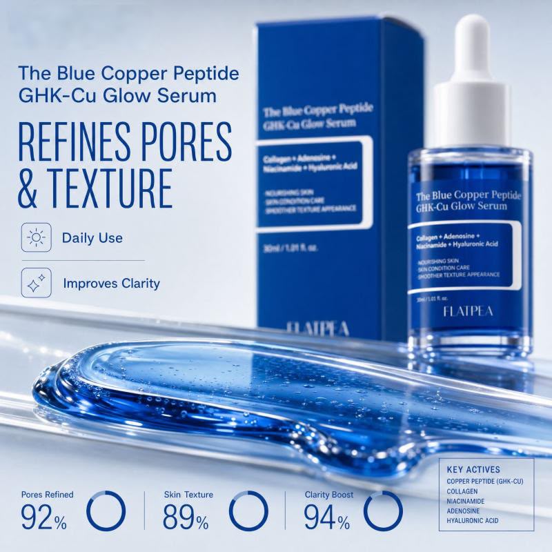 Flatpea Blue Copper Peptide serum featuring key active ingredients