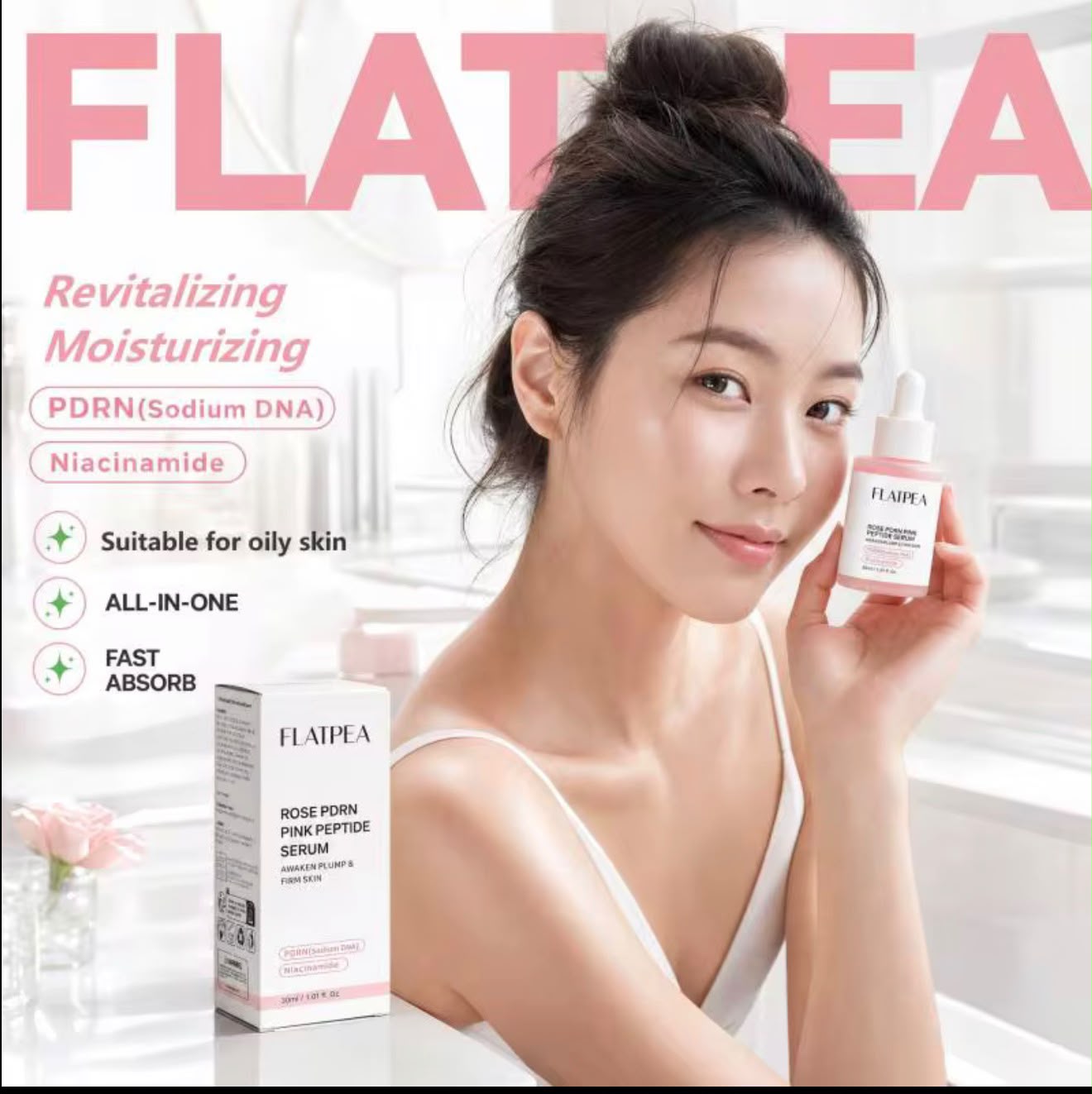 Model holding Flatpea Rose PDRN Pink Peptide Serum