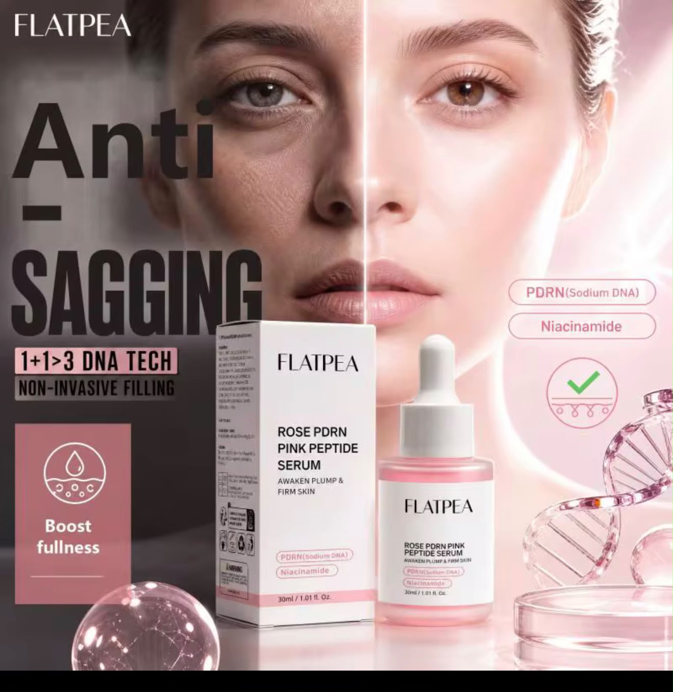 Flatpea Rose PDRN Pink Peptide Serum for visibly plump firm-looking skin
